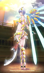 Rule 34 | 1girl, arm wrap, armor, ass, bikini, bikini armor, bikini bottom only, blue sky, breasts, capelet, choker, cleopatra (majo taisen chronicle), commentary request, earrings, floating, floating object, from below, hair ornament, highres, jewelry, large breasts, looking at viewer, majo taisen chronicle, navel, open mouth, revealing clothes, scythe, short hair, sky, smile, solo, strapless, swimsuit, thighhighs, thong, tube top, underboob, upper body, weapon, white hair, yellow eyes