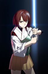Rule 34 | 10s, 1girl, beam saber, blew andwhite, brown hair, energy sword, highres, hyuuga (kancolle), kantai collection, lightsaber, nontraditional miko, short hair, solo, star wars, sword, weapon