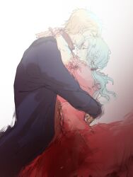 Rule 34 | 1boy, 1girl, atou haruki, black jacket, blonde hair, blood, blood on clothes, blood on face, blue hair, closed eyes, commentary request, corset, crying, dress, enomoto noa, frilled sleeves, frills, hair bobbles, hair ornament, highres, hua (qingmeiranshuangxue), hug, jacket, light blue hair, long hair, long sleeves, pink corset, pink dress, ponytail, puffy short sleeves, puffy sleeves, sad, saibou shinkyoku, short hair, short sleeves