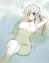 Rule 34 | 1girl, arm behind head, blush, breasts, crossed legs, deirdre (fire emblem), female focus, fire emblem, fire emblem: genealogy of the holy war, forest, grey eyes, grey hair, hairband, happy, headband, hip focus, in water, knees, large breasts, legs, legs together, long hair, looking at viewer, lying, nature, navel, nintendo, nipples, nude, on back, onsen, partially submerged, pond, pool, purple eyes, sitting, sketch, smile, solo, third-party edit, tridisart, water, wide hips