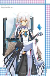 Rule 34 | 1girl, arekos, boots, code: battle seraph (elsword), elsword, eve (elsword), facial mark, flat chest, gem, highres, crossed legs, sitting, solo, thigh boots, thighhighs, white hair, yellow eyes