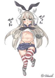 Rule 34 | 10s, 1girl, anchor hair ornament, arms up, bad id, bad twitter id, black neckerchief, black panties, blonde hair, blue skirt, blush, crop top, ebifurya, elbow gloves, eyebrows, full body, gloves, gluteal fold, grey eyes, groin, hair ornament, highleg, highleg panties, highres, inactive account, kantai collection, long hair, looking at viewer, navel, neckerchief, open mouth, panties, pleated skirt, rabbit pose, school uniform, serafuku, shimakaze (kancolle), shoes, simple background, skirt, sleeveless, solo, stomach, striped clothes, striped thighhighs, thighhighs, twitter username, underwear, white background, white gloves