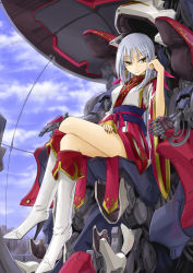 Rule 34 | 1girl, boots, cockpit, crossed legs, earrings, high heel boots, high heels, jewelry, knee boots, legs, mecha, nail polish, pointy ears, robot, silver hair, sitting, solo, source request, tomo (machinemess), yellow eyes