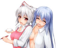 Rule 34 | 2girls, alternate hairstyle, apron, blue hair, blush, bow, breasts, cleavage, closed eyes, collarbone, cooking, drunk, fujiwara no mokou, hair bow, kamishirasawa keine, large breasts, long hair, multiple girls, naked shirt, no bra, open clothes, open mouth, open shirt, pink eyes, plate, ponytail, shirt, silver hair, simple background, sleeves rolled up, takaman (gaffe), touhou, very long hair, white background, yuri