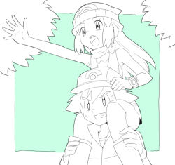 Rule 34 | 1boy, 1girl, annoyed, arm up, ash ketchum, bare shoulders, baseball cap, beanie, boots, carrying, clenched teeth, creatures (company), dawn (pokemon), game freak, gloves, green background, hair ornament, hairclip, hands up, hat, long hair, monochrome, natsunagi takaki, nintendo, open mouth, outstretched arm, piggyback, poke ball theme, pokemon, pokemon (anime), pokemon dppt (anime), scarf, shirt, short hair, sketch, skirt, sleeveless, sleeveless shirt, sweat, teeth, watch, wristwatch