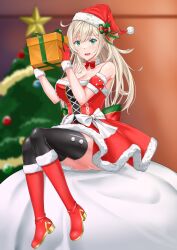 Rule 34 | 1girl, absurdres, ayasaki (711733), black thighhighs, blonde hair, box, breasts, christmas, christmas tree, cleavage, dress, duel monster, gift, gift box, gloves, hat, highres, large breasts, long hair, red gloves, red hat, santa costume, santa dress, santa hat, sky striker ace - raye, solo, thighhighs, yu-gi-oh!