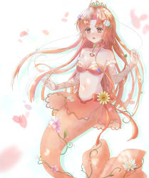 Rule 34 | 1girl, absurdres, blush, bra, cherry blossoms, commentary request, crown, dorara9002, floating hair, flower, highres, hime cut, jewelry, long hair, mermaid, mermaid melody pichi pichi pitch, monster girl, neck ring, necklace, open mouth, orange eyes, orange hair, princess, ribbon, seira (mermaid melody pichi pichi pitch), shell, shell necklace, solo, underwear