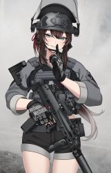 Rule 34 | 1girl, absurdres, battle belt, belt, black shorts, blue eyes, brown hair, commission, ear protection, finger to mouth, gloves, grey background, grey hair, grey shirt, gun, h&amp;k mp7, hair ribbon, helmet, highres, holding, holding weapon, keiita, long hair, long sleeves, military operator, multicolored hair, original, personal defense weapon, bulletproof vest, red ribbon, ribbon, shirt, shorts, shushing, smile, smoke, solo, submachine gun, suppressor, tactical clothes, termichan (not-a-bot), two-tone hair, weapon