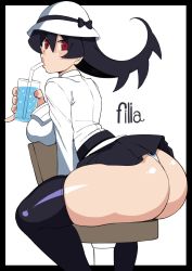 Rule 34 | 1girl, ass, black hair, breast rest, breasts, chair, filia (skullgirls), from behind, hat, highres, huge ass, komusou (jinrikisha), large breasts, long hair, looking at viewer, looking back, miniskirt, naughty face, red eyes, school uniform, shiny clothes, shiny skin, sideboob, sitting, skirt, skullgirls, solo, thick thighs, thighhighs, thighs, thong, wide hips