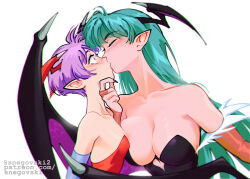 Rule 34 | 2girls, age difference, asymmetrical docking, bare shoulders, black leotard, blush, breast press, breasts, capcom, cleavage, collarbone, demon girl, demon wings, detached sleeves, fingernails, food, from side, fruit, green hair, head wings, heart leotard, highres, incest, kiss, large breasts, leotard, lilith aensland, long hair, morrigan aensland, multiple girls, nail polish, older woman and younger girl, onee-loli, orange (fruit), orange slice, pink hair, pointy ears, profile, red leotard, selfcest, sharp fingernails, shiny clothes, shiny skin, siblings, sisters, small breasts, snegovski, surprised, upper body, vampire (game), white background, wings, yuri