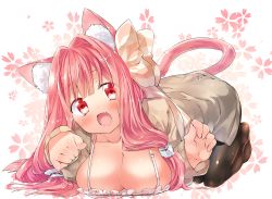 Rule 34 | 1girl, :d, all fours, animal ears, black pantyhose, blush, bow, breast rest, breasts, cat ears, cat tail, fang, hair bow, hair over breasts, highres, kotonoha akane, large breasts, long hair, looking at viewer, open mouth, pantyhose, paw pose, pink eyes, pink hair, shirasagi rokuwa, smile, solo, tail, voiceroid