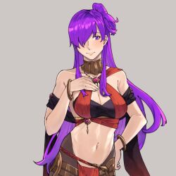 Rule 34 | 1girl, alternate costume, bare shoulders, breasts, cleavage, commentary, cosplay, dancer, female focus, fire emblem, fire emblem: three houses, fire emblem heroes, fire emblem warriors: three hopes, grey background, hair over one eye, harem outfit, jewelry, large breasts, lene (fire emblem), lene (fire emblem) (cosplay), long hair, looking at viewer, matching hair/eyes, midriff, navel, neck ring, nintendo, one side up, purple eyes, purple hair, sakuremi, shez (female) (fire emblem), shez (fire emblem), simple background, smile, solo, stomach, upper body, very long hair