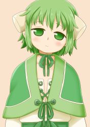 Rule 34 | 1girl, blush, capelet, choker, closed mouth, commentary request, copyright request, green choker, green eyes, green hair, green ribbon, green theme, grey background, head tilt, looking at viewer, male focus, neck ribbon, poronegi, ribbon, ribbon choker, sash, short hair, simple background, smile, solo, upper body
