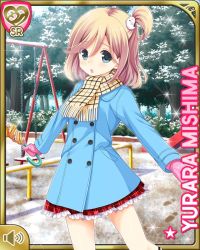Rule 34 | 1girl, :o, beads, blonde hair, blue jacket, bracelet, card (medium), day, girlfriend (kari), grey eyes, jacket, jewelry, lamppost, looking at viewer, mishima yurara, necklace, neckwear request, official art, outdoors, plaid, plaid skirt, playground, qp:flapper, red skirt, scarf, short hair, side ponytail, skirt, snow, solo, standing, swing set, tagme, winter clothes