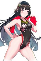 Rule 34 | 1girl, aiuti, black hair, black one-piece swimsuit, blush, breasts, collarbone, competition swimsuit, covered navel, cowboy shot, girls&#039; frontline, highleg, highleg swimsuit, highres, long hair, looking at viewer, one-piece swimsuit, red eyes, red towel, simple background, small breasts, solo, standing, swimsuit, type 100 (girls&#039; frontline), white background