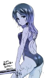 Rule 34 | 1girl, ass, breasts, competition swimsuit, from behind, jpeg artifacts, long hair, looking at viewer, looking back, medium breasts, monochrome, one-piece swimsuit, original, rakuji tarahi, simple background, solo, swimsuit, wet, white background