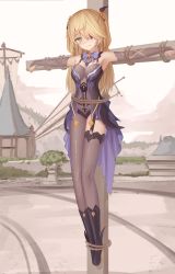 Rule 34 | 1girl, absurdres, armpits, bare shoulders, black legwear, blonde hair, blush, boots, crucifixion, day, execution, eyepatch, facing viewer, fischl (genshin impact), full body, genshin impact, green eyes, highres, lets together, long hair, looking at viewer, outdoors, outstretched arms, public execution, public indecency, restrained, rope, side, solo, stationary restraints, torture, torture instruments, two side up, worried