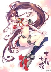 Rule 34 | 10s, 1girl, breasts, brown eyes, brown hair, character name, elbow gloves, flower, gloves, hair ornament, kantai collection, large breasts, long hair, lying, navel, nishimura eri, personification, ponytail, solo, torn clothes, very long hair, yamato (kancolle)