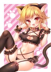 Rule 34 | 1girl, :d, absurdres, achico 999, alternate costume, animal ears, bell, black bra, black choker, black panties, black thighhighs, black wrist cuffs, blonde hair, blush, border, bow, bowtie, bra, breasts, cat cutout, cat ears, cat lingerie, cat tail, choker, cleavage, cleavage cutout, clothing cutout, commentary, commission, fake animal ears, fake tail, fang, feet out of frame, frilled choker, frilled cuffs, frilled straps, frills, hands up, happy, highres, jingle bell, kin-iro loveriche, knees up, looking at viewer, medium breasts, medium hair, meme attire, midriff, navel, neck bell, open mouth, panties, parted bangs, paw pose, paw print, pink background, pink bow, pink bowtie, red eyes, simple background, sitting, skindentation, smile, solo, souma ria, stomach, tail, thigh strap, thighhighs, thighs, underwear, white border, wrist cuffs
