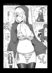 Rule 34 | !, !!, 1girl, :p, air conditioner, belly, bikini, blush, bowing, breasts, cleavage, comic, flashing, greyscale, hair over one eye, highres, hood, hood up, hoodie, hot, indian style, large breasts, long hair, monochrome, navel, open clothes, open hoodie, open mouth, original, plump, sabo rina, shaded face, side-tie bikini bottom, sitting, steam, striped bikini, striped clothes, sweat, swimsuit, thighhighs, tongue, tongue out, yano toshinori