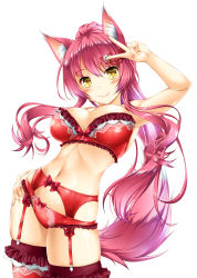 Rule 34 | 1girl, animal ears, arm up, armpits, asano akira (vtuber), bare arms, blush, bow, bow bra, bow panties, bra, breasts, cleavage, commission, fox ears, frilled bra, frilled panties, frilled thighhighs, frills, garter belt, garter straps, hair ornament, hand on own hip, highres, indie virtual youtuber, kamiya tomoe, lace, lace-trimmed bra, lace-trimmed legwear, lace-trimmed panties, lace trim, large breasts, lingerie, long hair, navel, panties, panties over garter belt, pink hair, pixiv commission, red bow, red bra, red panties, red thighhighs, sidelocks, simple background, skindentation, smile, solo, thighhighs, underwear, underwear only, v, virtual youtuber, white background, yellow eyes