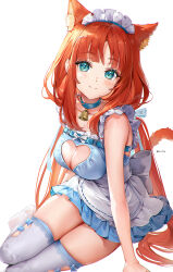 Rule 34 | 1girl, alternate costume, animal ears, apron, aqua eyes, bare arms, bell, blue dress, breasts, cat ears, cat tail, cleavage, cleavage cutout, closed mouth, clothing cutout, commentary request, dress, enmaided, frilled dress, frills, full body, genshin impact, heart cutout, highres, kemonomimi mode, large breasts, long hair, looking at viewer, maid, maid apron, maid headdress, medium breasts, neck bell, nilou (genshin impact), no shoes, orange hair, rity, simple background, sitting, sleeveless, sleeveless dress, smile, solo, tail, thighhighs, twitter username, very long hair, white apron, white background, white thighhighs