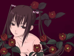 Rule 34 | 1girl, breasts, brown eyes, brown hair, camellia, censored, convenient censoring, flower, leaf, leaf censor, long hair, looking at viewer, matching hair/eyes, nude, parted lips, rose, shimano natsume, small breasts, solo, twintails, upper body