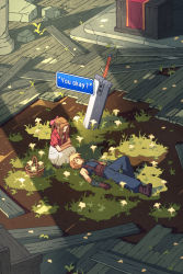 Rule 34 | 1boy, 1girl, aerith gainsborough, bow, braid, braided ponytail, brown hair, buster sword, church, cloud strife, cropped jacket, english text, final fantasy, final fantasy vii, flower, flower basket, gloves, grass, hair bow, highres, jacket, kevin hong, lily (flower), red jacket, sleeveless, sleeveless turtleneck, spiked hair, square enix, squatting, sunlight, suspenders, turtleneck, unconscious