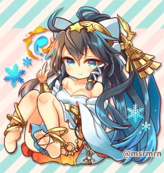 Rule 34 | 1girl, anklet, bad id, bad pixiv id, bare shoulders, barefoot, black hair, blue eyes, blue fire, blue hair, blush, breasts, cleavage, closed mouth, commentary request, diagonal stripes, dress, fire, full body, gradient hair, hair between eyes, hair ornament, hair ribbon, hairband, headdress, index finger raised, isis (p&amp;d), jewelry, knees together feet apart, long hair, long sleeves, looking at viewer, mashiro miru, medium breasts, multicolored hair, puzzle &amp; dragons, ribbon, sitting, smile, snowflakes, solo, star (symbol), star hair ornament, striped, striped background, twitter username, very long hair, white dress, white ribbon, wide sleeves
