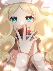 Rule 34 | 1girl, absurdres, artist name, blonde hair, blue eyes, caitlin (pokemon), coat, covered mouth, creatures (company), eyebrows hidden by hair, game freak, hat, highres, holding, holding poke ball, kurumiya (krmy p), long hair, long sleeves, looking at viewer, nail polish, nintendo, parted bangs, poke ball, pokemon, pokemon bw, solo, upper body, wavy hair, winter, winter clothes, winter coat