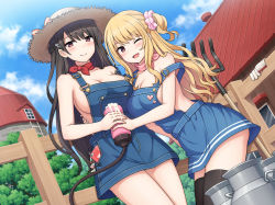 Rule 34 | 2girls, ;d, bandana, black hair, black legwear, blonde hair, blush, braid, breasts, cellphone, cleavage, commentary request, french braid, from below, gloves, unworn gloves, hair ornament, hair scrunchie, large breasts, long hair, multiple girls, nakamura sumikage, naked overalls, one eye closed, one side up, open mouth, original, overalls, phone, pink bandana, pink neckwear, pink scrunchie, rake, red bandana, red neckwear, scarf, scrunchie, siblings, sideboob, smartphone, smile, thighhighs, twins, white gloves