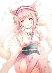 Rule 34 | 1girl, animal ears, atoatto, bob cut, cat ears, cat girl, cat tail, elbow gloves, fingerless gloves, fire emblem, fire emblem fates, gloves, japanese clothes, kimono, looking at viewer, nintendo, pink eyes, pink hair, sakura (fire emblem), simple background, solo, tail