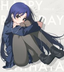 1girl blue_hair blue_jacket blue_skirt blush brown_eyes cellphone commentary_request earbuds earphones full_body grey_pantyhose happy_birthday highres hugging_own_legs idolmaster idolmaster_(classic) jacket kisaragi_chihaya knees_to_chest loafers long_hair looking_at_viewer nozawa_noko pantyhose phone shoes sitting skirt smartphone solo