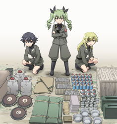Rule 34 | 10s, 3girls, anchovy (girls und panzer), anzio military uniform, belt, black belt, black footwear, black hair, black neckwear, black ribbon, black shirt, blonde hair, blouse, boots, bowl, box, braid, brown eyes, carpaccio (girls und panzer), closed mouth, commentary, crossed arms, dress shirt, drill hair, gas tank, girls und panzer, green eyes, green hair, grey jacket, grey pants, grey skirt, grin, hair ribbon, haniwa (leaf garden), highres, jacket, jodhpurs, knee boots, long hair, long sleeves, looking at viewer, military, military uniform, miniskirt, multiple girls, necktie, on one knee, outdoors, pants, pants tucked in, pencil skirt, pepperoni (girls und panzer), pot, red eyes, ribbon, riding crop, sam browne belt, shirt, short hair, side braid, skirt, smile, twin drills, twintails, uniform