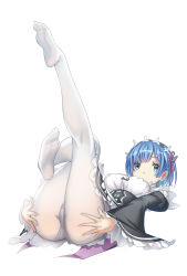 Rule 34 | 10s, 1girl, absurdres, ass, ass grab, bare shoulders, black ribbon, blue eyes, blue hair, commentary request, detached sleeves, feet, frilled sleeves, frills, grabbing own ass, hair ornament, hair over one eye, highres, legs up, looking at viewer, lying, maid, maid headdress, no shoes, on back, panties, panties under pantyhose, pantyhose, pink ribbon, re:zero kara hajimeru isekai seikatsu, rem (re:zero), ribbon, ribbon-trimmed clothes, ribbon trim, short hair, simple background, soles, solo, spread ass, streamingsun, toes, underbust, underwear, white background, white panties, white pantyhose, x hair ornament