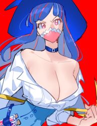 1girl blue_hair blue_hat blue_skirt breasts cleavage hat large_breasts mask mouth_mask multicolored_hair one_piece pink_eyes pink_hair pink_mask raine_(acke2445) red_background shirt simple_background skirt solo streaked_hair test_tube ulti_(one_piece) white_shirt witch_hat