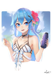 Rule 34 | 1girl, :d, bare arms, bare shoulders, bikini, black choker, blue eyes, blue hair, blue nails, bottle, bow, bow bikini, breasts, choker, collarbone, commentary request, cropped torso, eyebrows hidden by hair, flower, hair between eyes, hair flower, hair ornament, hairclip, hands up, highres, holding, holding bottle, long hair, nail polish, one side up, open mouth, original, red flower, saraki, signature, small breasts, smile, solo, swimsuit, upper body, very long hair, white bikini