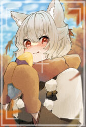 Rule 34 | 1girl, animal ear fluff, animal ears, blue sky, blurry, blush, cloud, commentary request, depth of field, food, highres, holding, holding food, inubashiri momiji, leaf, looking at viewer, maple leaf, mittens, natomaki, outdoors, pom pom (clothes), red eyes, roasted sweet potato, scarf, short hair, sky, solo, sweet potato, touhou, tree, upper body, viewfinder, white hair, wolf ears, wolf girl