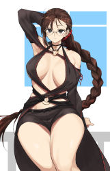Rule 34 | arm behind head, armpits, black dress, black hair, bnc (bunshi), braid, breasts, brown hair, center opening, dress, ear piercing, fate/grand order, fate (series), glasses, grey eyes, large breasts, long hair, navel, piercing, revealing clothes, sitting, smile, solo, two-tone background, very long hair, white background, yu mei-ren (fate), yu mei-ren (festival outfit) (fate)
