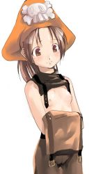 Rule 34 | 1girl, arc system works, breasts, brown eyes, brown hair, flat chest, guilty gear, hat, may (guilty gear), mizu, nipples, no bra, open clothes, open shirt, orange hat, pantyhose, pirate, shirt, skull and crossbones, small breasts, solo, topless