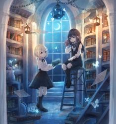 Rule 34 | 1boy, 1girl, black hair, black socks, blonde hair, blue eyes, book, bow, bowtie, bug, butterfly, cage, chain, crescent moon, flower, globe, gothic lolita, highres, insect, kneehighs, ladder, lantern, library, lolita fashion, mary janes, moon, original, paper, pitcher (container), puffy sleeves, purple eyes, shoes, shorts, skirt, socks, tukimisou0225, window