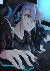 Rule 34 | 1girl, :q, black eyes, black jacket, black shirt, blue hair, breasts, chair, closed mouth, commentary request, drawstring, headphones, headset, highres, jacket, long sleeves, medium breasts, mouse (computer), open clothes, open jacket, original, screen light, shirt, short hair, smile, solo focus, tapioka (oekakitapioka), tongue, tongue out, upper body