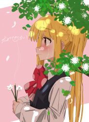 Rule 34 | 1girl, absurdres, black sweater vest, blonde hair, blush, bocchi the rock!, bow, branch, closed mouth, collared shirt, commentary, crying, crying with eyes open, feathers, flower, foliage, from side, highres, holding, holding flower, ijichi nijika, incense, leaf, long hair, long sleeves, looking ahead, misokin, mother&#039;s day, pink background, red bow, sad, school uniform, shirt, side ponytail, sidelocks, smoke, smoke trail, solo, sweater vest, tears, upper body, wavy mouth, white flower, white shirt