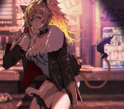Rule 34 | 1girl, animal ears, arknights, black jacket, blonde hair, breasts, candy, choker, chromatic aberration, cleavage, codename47, female focus, food, fur-trimmed jacket, fur trim, highres, jacket, lion ears, lion tail, lollipop, looking at viewer, nail polish, open clothes, open jacket, ponytail, short shorts, shorts, siege (arknights), solo, tail, vending machine