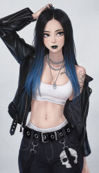 Rule 34 | 1girl, arm tattoo, arm up, belt, black hair, blue eyes, blue hair, breasts, chest tattoo, cleavage, cowboy shot, dog tags, eyebrow piercing, gradient hair, grey background, highres, jacket, jewelry, lip piercing, long hair, looking to the side, medium breasts, multicolored hair, navel, navel piercing, necklace, open clothes, open jacket, original, piercing, solo, sports bra, tattoo, umigraphics