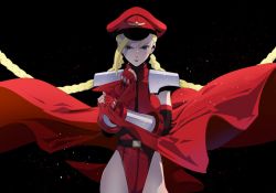 Rule 34 | 1girl, armor, blonde hair, braid, cammy white, capcom, cape, cofffee, cosplay, cowboy shot, curvy, elbow gloves, fingerless gloves, gloves, hat, highleg, highleg leotard, leotard, long braid, long hair, m. bison, m bison (cosplay), pauldrons, peaked cap, red leotard, serious, shoulder armor, solo, street fighter, thong leotard, twin braids, very long hair