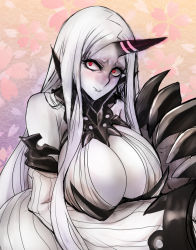 Rule 34 | 10s, 1girl, abyssal ship, bare shoulders, breast hold, breasts, claws, cleavage cutout, clothing cutout, colored skin, constricted pupils, detached sleeves, dress, huge breasts, jariinu (gomasionori), kantai collection, long hair, looking at viewer, pale skin, red eyes, seaport water oni, solo, straight hair, sweater, sweater dress, very long hair, white hair, white skin