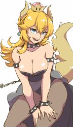 Rule 34 | 1girl, armlet, artist name, bare shoulders, black leotard, black pantyhose, black skirt, blonde hair, blue eyes, bowsette, bracelet, breasts, cleavage, clothes lift, collar, crown, earrings, hair down, highres, horns, izumiemo, jewelry, large breasts, leaning forward, leotard, long hair, looking at viewer, mario (series), new super mario bros. u deluxe, nintendo, open mouth, pantyhose, pointy ears, sharp teeth, skirt, skirt lift, smile, solo, spiked bracelet, spiked collar, spikes, strapless, strapless leotard, super crown, tail, teeth, thighs, turtle shell