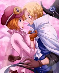 Rule 34 | 1boy, 1girl, absurdres, ascot, blonde hair, blue eyes, breast press, breasts, brown gloves, burn scar, closed mouth, clothes grab, commentary, crying, crying with eyes open, english commentary, frills, gloves, hat, hetero, highres, koala (one piece), large breasts, lips, long sleeves, looking at another, miniskirt, one piece, orange hair, pants, petals, pink shirt, pout, rakara11 (rakkarts), red skirt, sabo (one piece), scar, scar on face, shirt, short hair, skirt, smile, tears, top hat