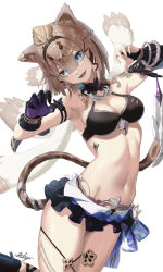 Rule 34 | 1girl, animal ears, armpits, arms up, bare shoulders, bikini, bikini top only, black bikini, black skirt, blue eyes, braid, breasts, brown hair, cat ears, cat girl, cat tail, chaciooh, claw pose, cleavage, commentary, cowboy shot, fang, frilled skirt, frills, hairband, highres, honkai (series), honkai impact 3rd, looking at viewer, medium breasts, miniskirt, navel, open mouth, pardofelis (honkai impact), revealing clothes, revision, short hair, skirt, slit pupils, solo, stomach, swimsuit, tail, thighs, twin braids